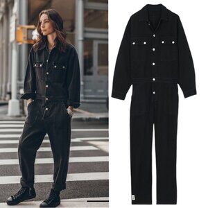 Mikuta Black Denim Jumpsuit Sz M Long Sleeve Relaxed Contemporary Urban